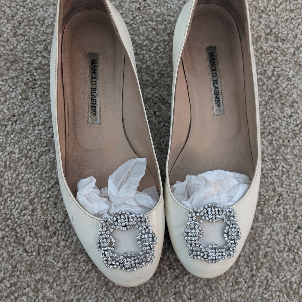 Manolo Blahnik white patent leather flats